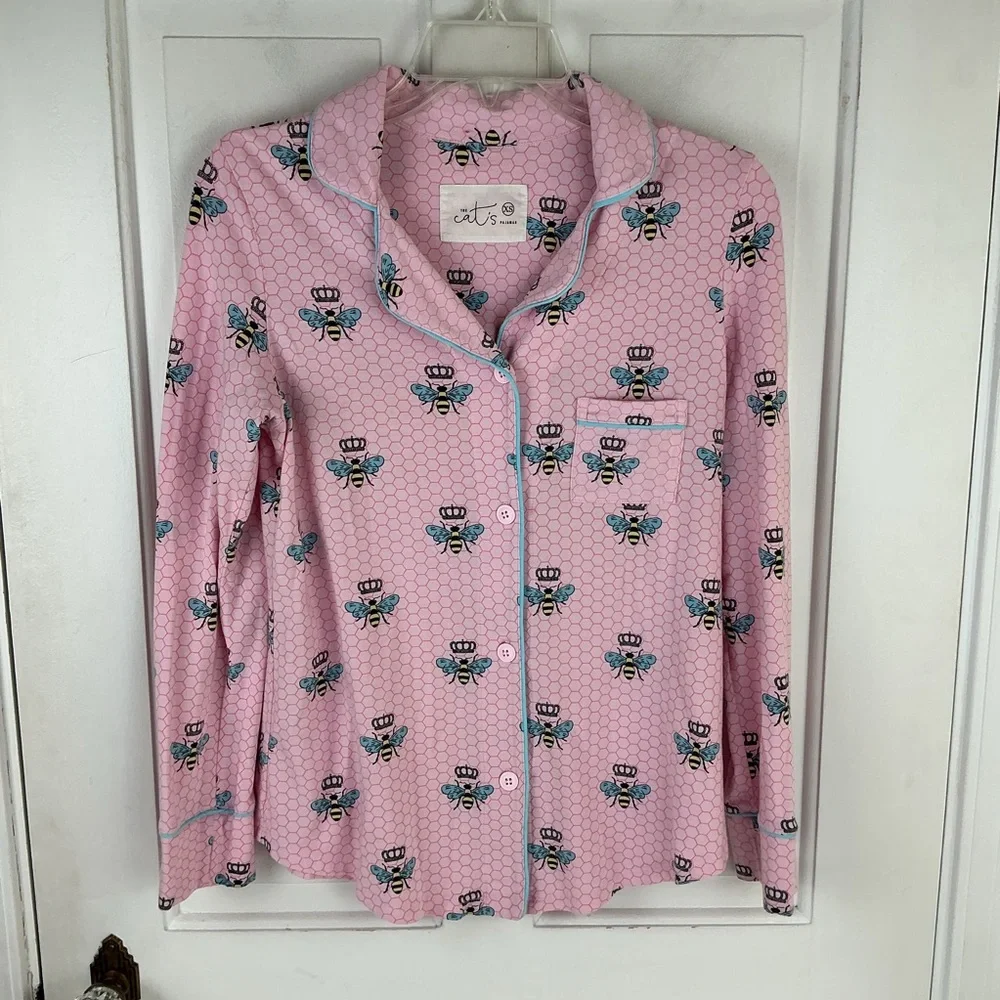 The Cat's Pajamas Queen Bee Pajama Top Button Front Long Sleeve XS Pink